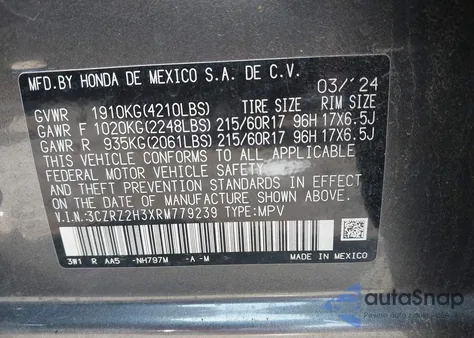 2024 Honda Hr-V Awd Lx из США, поврежденный, VIN 3CZRZ2H3XRM779239